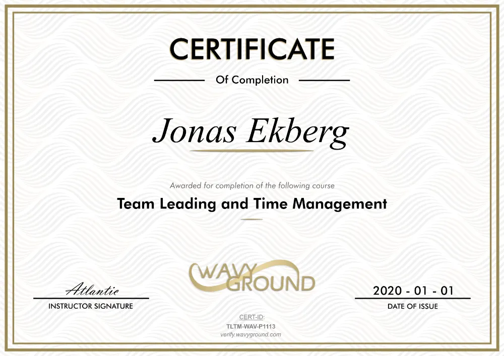 Sample Wavy Ground Certificate displaying the certificate title, issued details, and verification code